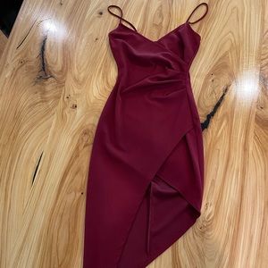 Burgundy evening dress with high slit
